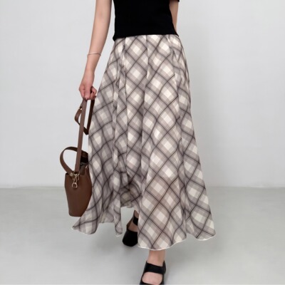 法式不规则格子半身裙女纺纱飘逸