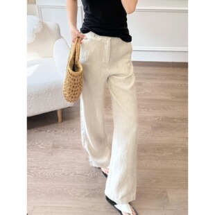 子女25春夏宽松直筒窄版 自由 小鸟 老钱松弛感全亚麻裤 休闲长裤