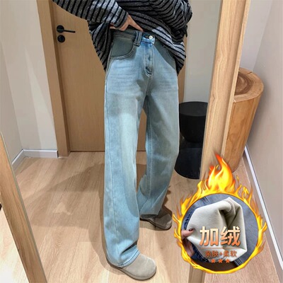 2025秋冬新款直筒加绒牛仔裤女
