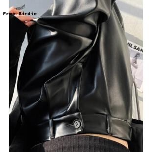 rose同款裤子女秋冬高腰西装宽松直筒窄版阔腿加长拖地裤加绒皮裤