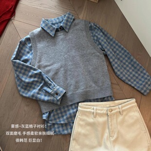 衬衣休闲上衣 宽松长袖 双面磨毛格子衬衫 加厚复古女秋冬2026新款