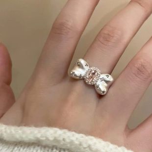 S925纯银甜心公主蝴蝶结戒指女2024年新款 尾戒哑光甜美 时尚 个性