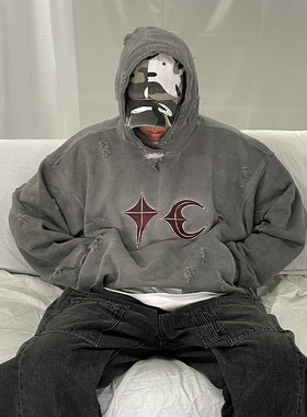 朴宰范同款Thug Club Grac小众潮牌美式复古做旧重工破坏连帽卫衣