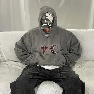 做旧朴宰范复古连帽卫衣重工