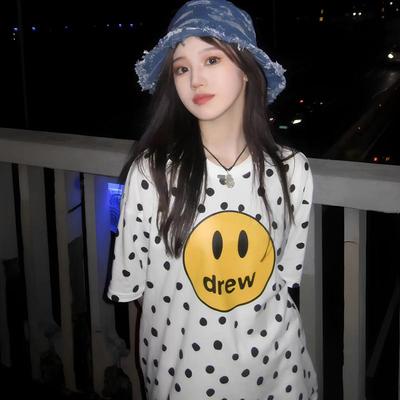 Drew笑脸美式小众潮牌波点印花夏季宽松纯棉休闲短袖情侣T恤男女