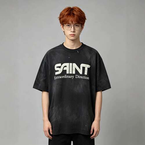 Saint xxx stb泼墨裂纹字母水洗复古宽松vintage美式短袖T恤男女