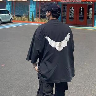 阔版侃爷YZYkanye三方联名和平白鸽美式复古小领口宽松短袖卫衣男