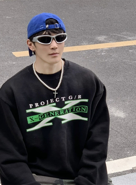 PROJECT GR小众潮牌美式水洗做旧复古vintage宽松圆领长袖卫衣男