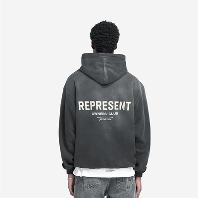 REPRESENT REP美式潮牌复古高街喷马骝水洗做旧渐变宽松连帽卫衣