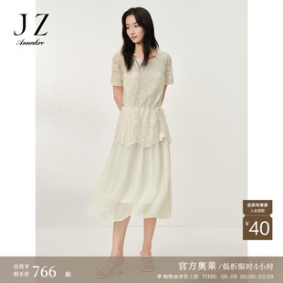 玖姿安娜蔻优雅法式风重工蕾丝假两件收腰连衣裙女2025夏季新款