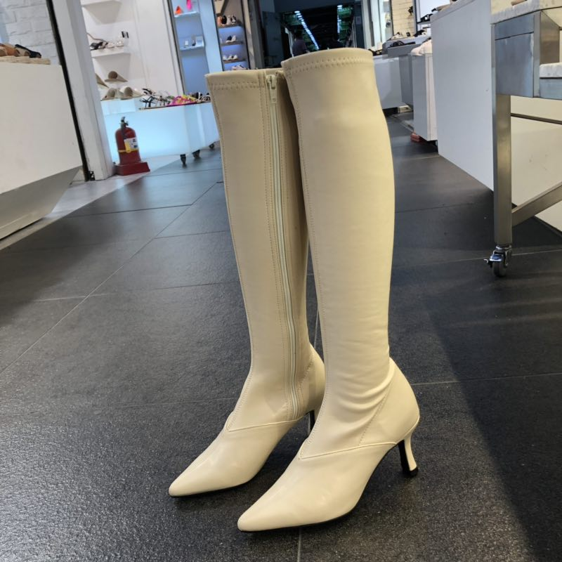 韩国东大门代购女鞋2020秋冬欧美尖头机车靴白色长靴高跟高筒靴