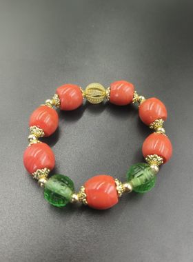 原创古法琉璃手工珠大尺寸桶珠14*12mm,翠绿色琉璃珠13mm手串