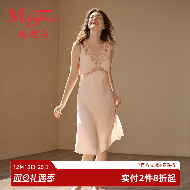 曼妮芬法式睡衣女士V领无袖蕾丝睡裙女舒适性感家居长款裙装