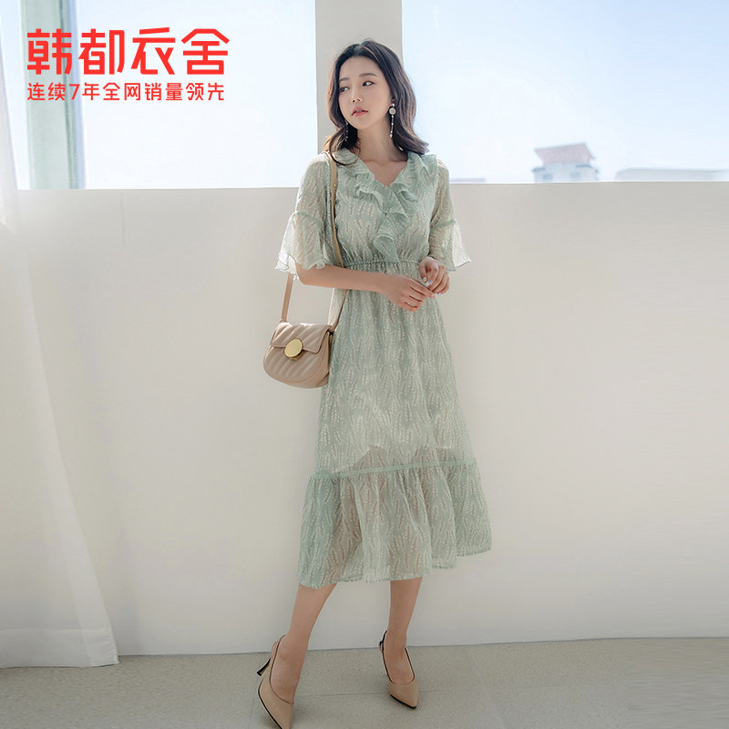 韩都衣舍outlets韩版女装夏装仙气碎花设计感中长连衣裙RJ7016筱