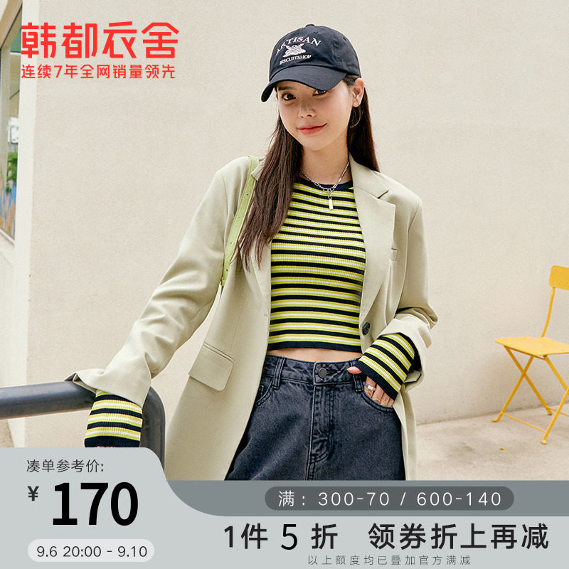 韩都衣舍outlets2021秋装新款韩版宽松开叉休闲西装外套女HEG0019