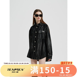 TENPSEN2023秋冬复古水洗牛仔衬衫外套情侣宽松美式复古设计夹克