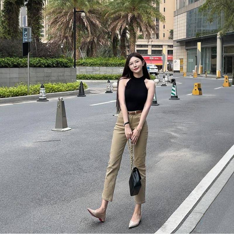 李李服饰卡其色老钱风九分直筒牛仔裤女25夏季新款高腰弹力九分裤