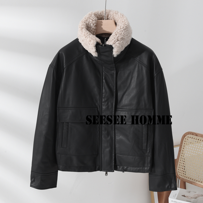 羊羔毛领女羊皮皮衣夹克夹棉衣