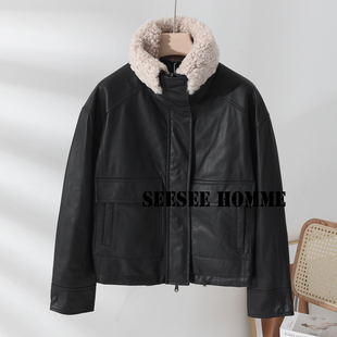 精品 女装 澳洲羊皮拆卸羊羔毛领内夹棉真皮皮衣PY HOME SEESEE
