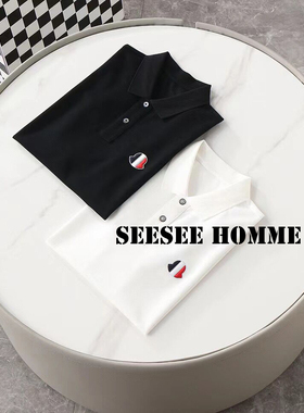 SEESEE 国内代工 三色标识 不对称条纹男夏短袖珠地棉POLO衫LX