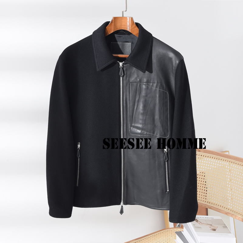 毛呢拼接真皮皮衣商务休闲外套