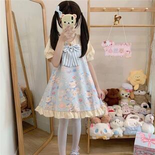 海军熊-轻Lolita 夏日甜美可爱小个子软妹印花连衣裙 狗短显高op
