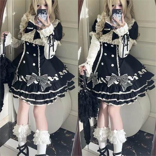 心动玩偶小芙蝶条纹千层洋装黑粉甜lo蛋糕裙Lolita古早蝴蝶复刻版