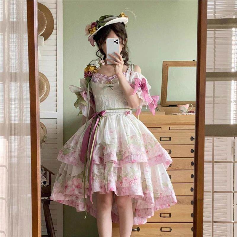 高山杜鹃lolita原创胸衣sk下裙SP粉绿春夏印花日常蝴蝶结洛丽塔