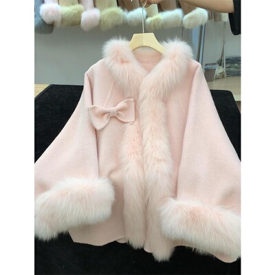 日系洛丽塔名媛千金风秋冬新款优雅蝴蝶结毛绒拼接外套女