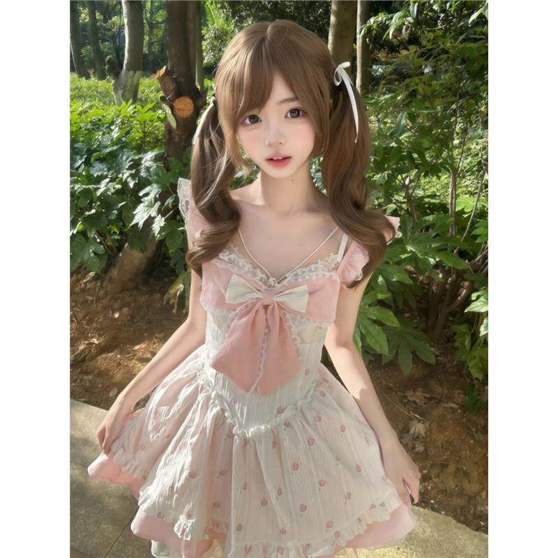 甜美可爱洛丽塔蝴蝶结蕾丝碎花连衣裙夏日甜心少女短款公主蓬蓬裙