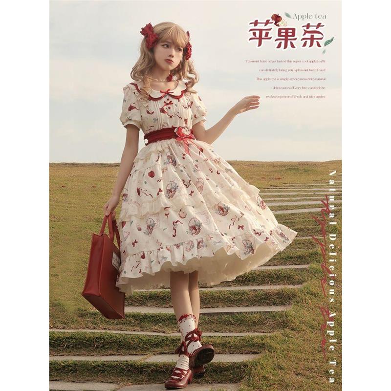 urtto原创苹果茶Lolita连衣裙短袖op田园风优雅可爱洛丽塔日常裙