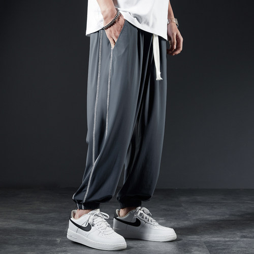 运动裤男九分裤夏季冰丝裤宽松束脚裤冰感速干弹力加肥加大码男裤