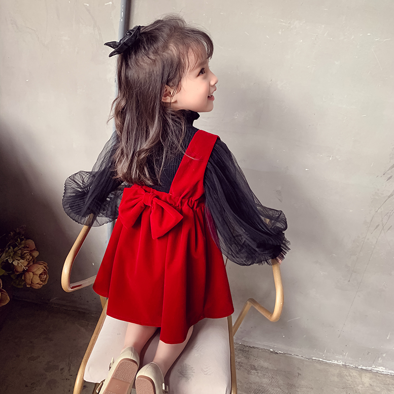 女童连衣裙秋装2020儿童网红裙子超洋气小女孩韩版红色丝绒背心裙