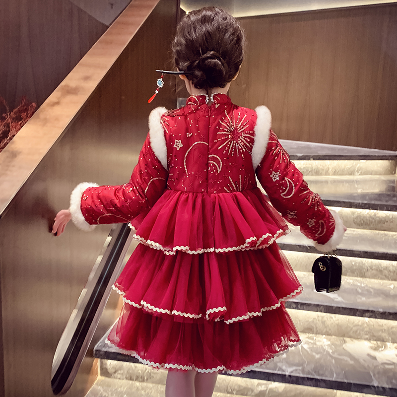 女童国风烟花珠片绣旗袍裙