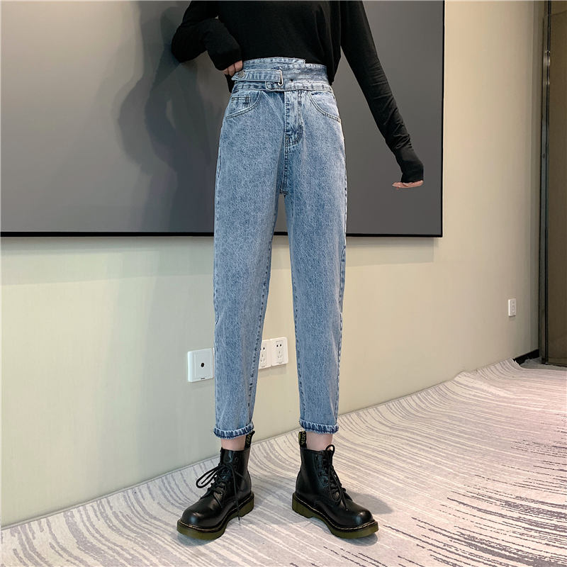 韩版chic女装新款设计感个性高腰牛仔裤显瘦宽松分裤5491