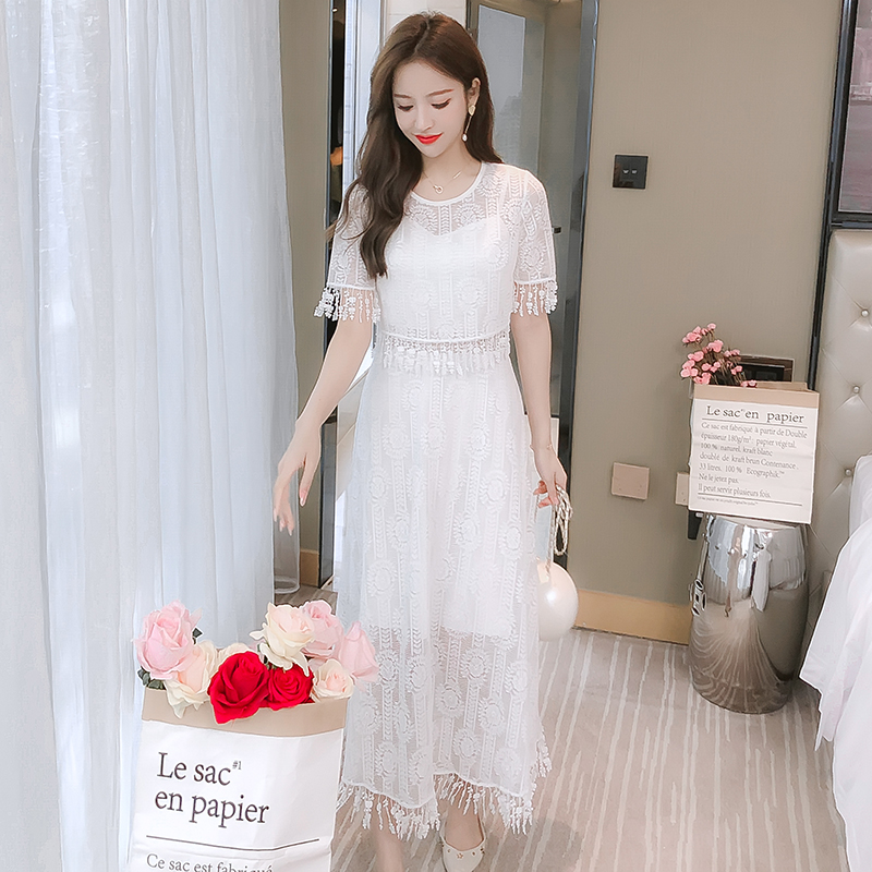 9912020夏装新淑女修身长款白色蕾丝连衣裙+小罩衫两件套
