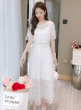 9912020夏装新淑女修身长款白色蕾丝连衣裙+小罩衫两件套