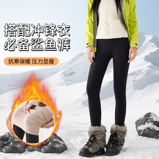 搭配冲锋衣鲨鱼裤女外穿秋冬加绒加厚强压瘦腿打底瑜伽裤小个子