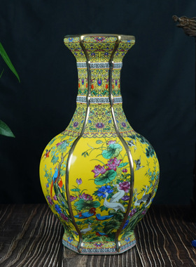 仿古珐琅彩花鸟六方瓶景德镇中式陶瓷家居客厅装饰花瓶工艺品摆件