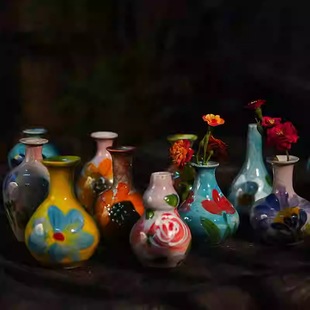 景德镇油画手绘小花瓶办公电脑桌面手工摆件水培插干花装饰品批发
