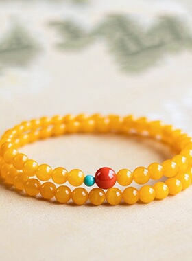 蜜蜡手串女款仿鸡油黄色琥珀仿绿松石多宝手链双圈个性女款多圈