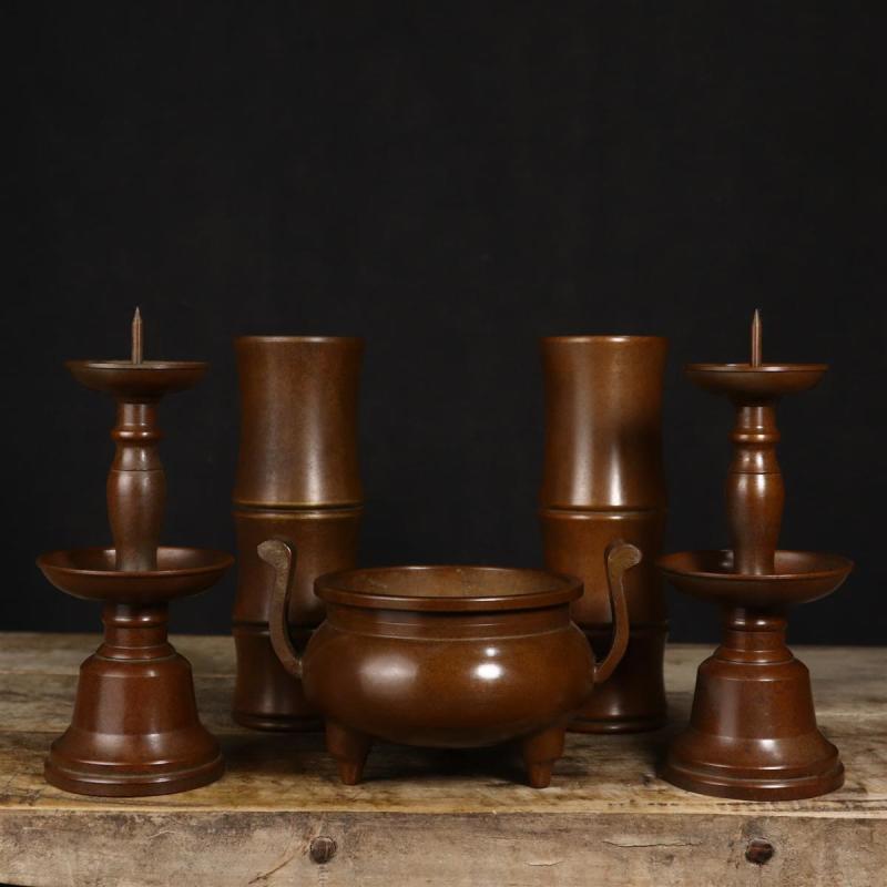 黄铜五供摆件具铜香炉紫铜烛台蜡台铜香筒桶一套家用用品