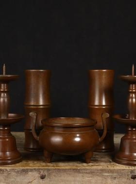 黄铜五供摆件具铜香炉紫铜烛台蜡台铜香筒桶一套家用用品