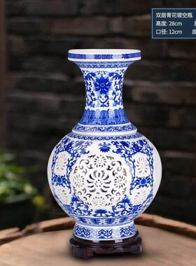 景德镇陶瓷器雕刻双层镂空青花粉彩花瓶中式客厅家居工艺品装饰摆