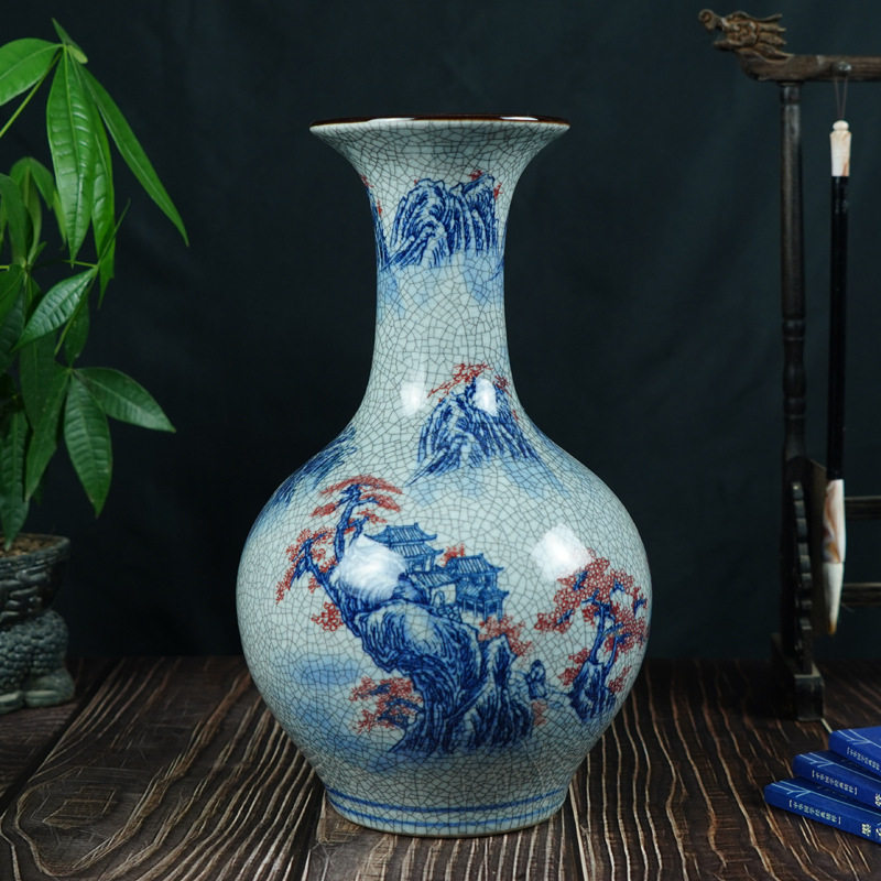 景德镇中式山水陶瓷花瓶青花釉里红家居瓷器摆件仿古装饰工艺品
