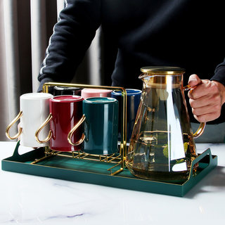 北欧彩色水杯套装家庭家用茶杯具轻奢陶瓷喝水杯子凉冷水壶待客厅