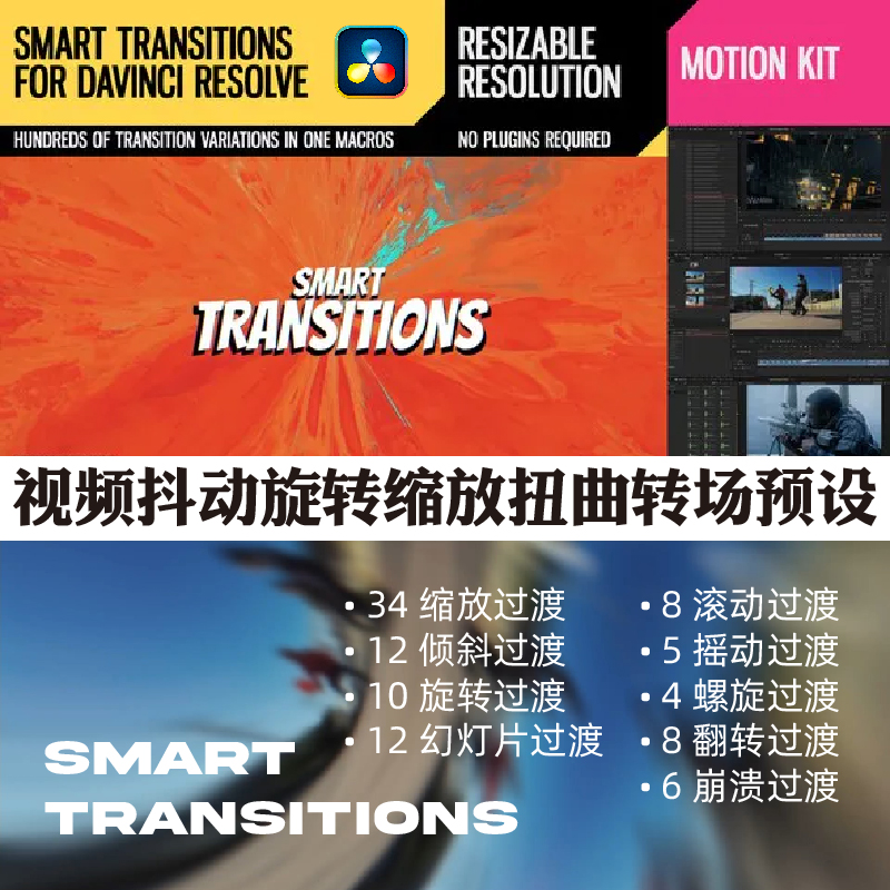 达芬奇模版99种抖动旋转缩放扭曲视频转场预设 Smart Transitions