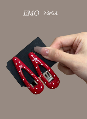 洋气红色波点皮革发夹女镂空简约bb夹发卡韩国进口刘海侧边鸭嘴夹