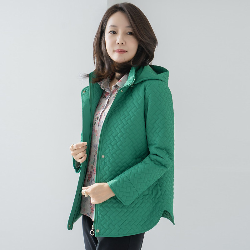 春秋韩菱格连帽中长棉服中老年女