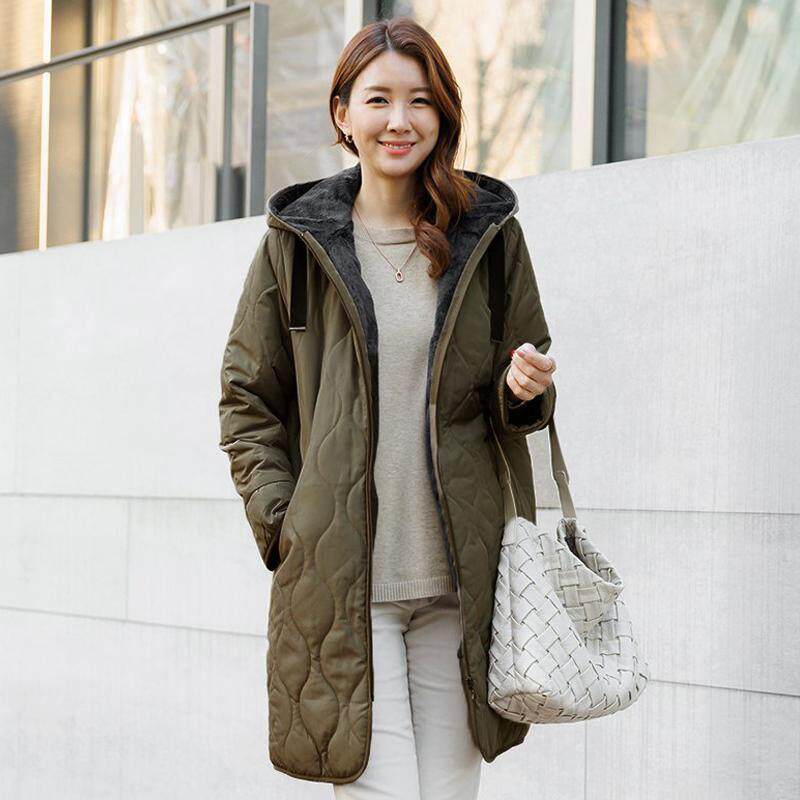 2025新韩国正品秋冬中长款连帽拉链加绒二棉口袋大衣保暖挡风棉服